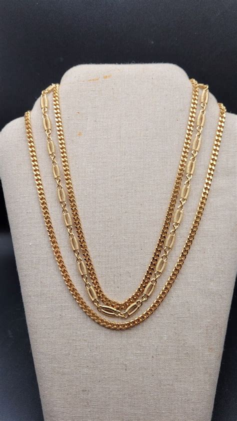 S Vintage Monet Textured Triple Strand Gold Tone Chain Necklace