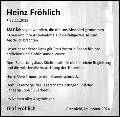 Traueranzeigen von Heinz Fröhlich trauer anzeigen de