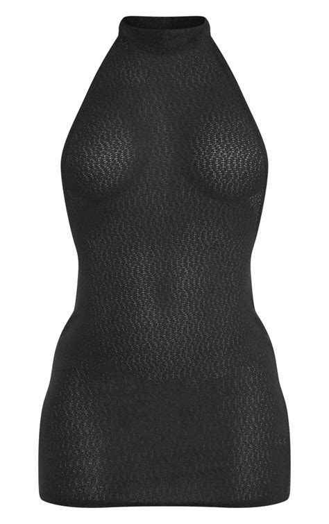 Black Textured Sheer Halter Backless Bodycon Dress Prettylittlething Qa