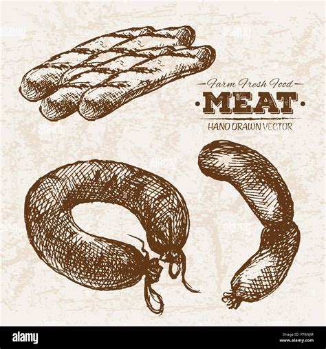 Hand Drawn Sketch Sausages Meat Products Set Farm Fresh Food Black