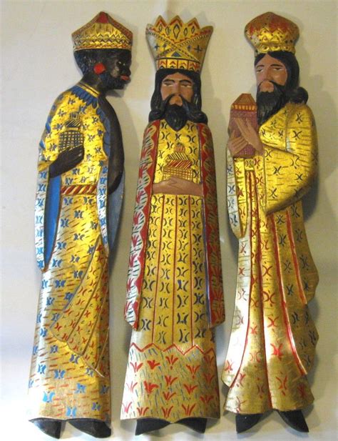 Three Kings Vintage Mcm Set Of 3 Carved Wood 29 Figures Wisemen Magi