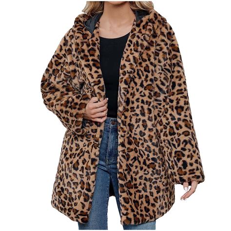 Bcresic Saving Womens Leopard Print Fleece Coat Faux Fur Long Hooded