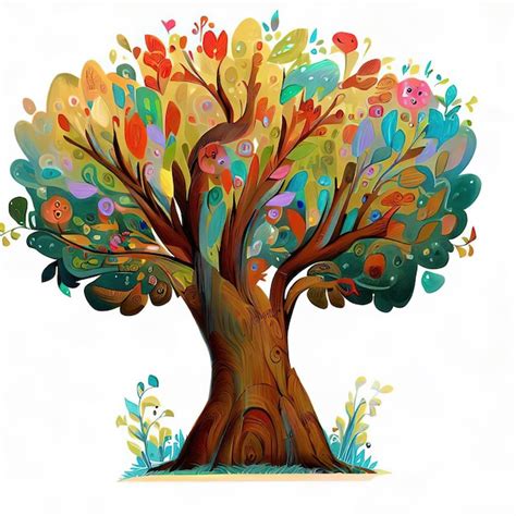 Un dibujo de dibujos animados de un árbol con hojas y flores de colores