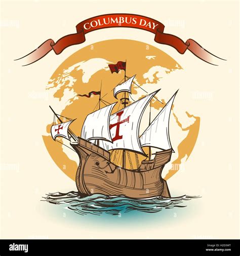 Happy Columbus Day Illustration Hand Drawn Columbus Ship Against Stock