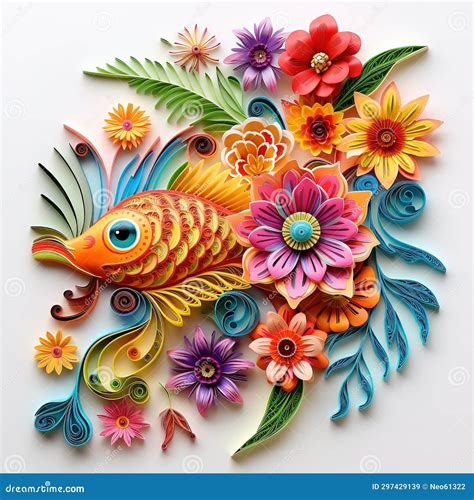 Beautiful Papercut Quilling Paper Filigree Fish Colorful Flower