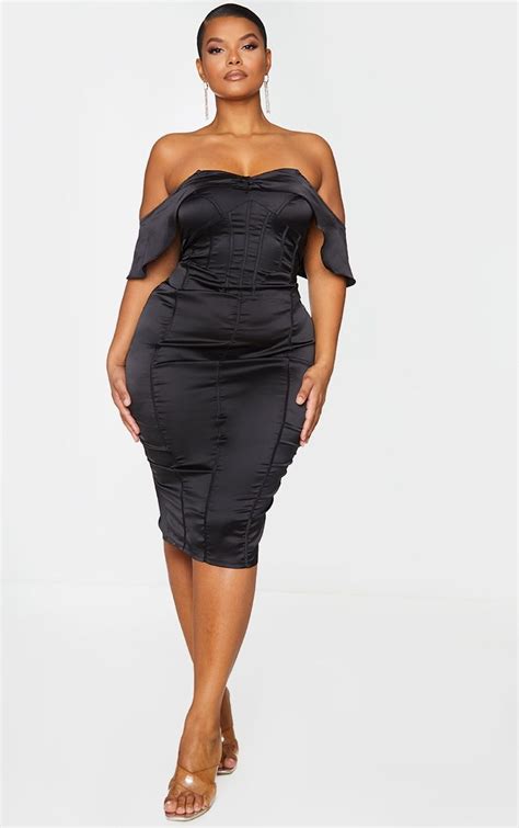 Plus Black Satin Corset Detail Bardot Midi Dress Plus Size Dresses