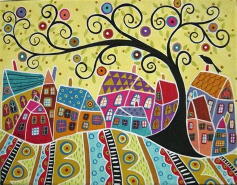 Bird Ten Houses And A Swirl Tree By Karla Gerard