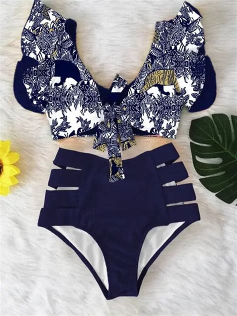 Floral Ruffled Hem Bikini Set Women Flora V Neck High Waisted Two Piece