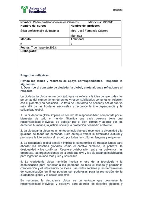 Actividad 3 Etica Profesional Reporte Nombre Pedro Emiliano