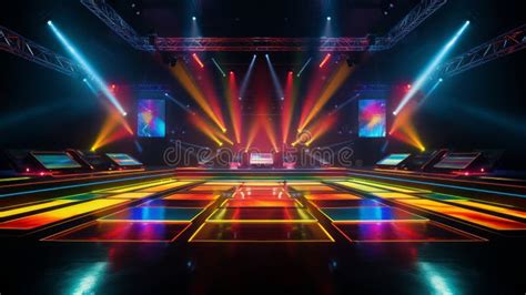 Modern Futuristic Concert Stage With Dynamic Neon Rainbow Illumination