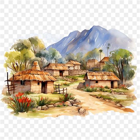 Premium PSD | A drawing of a village with mountains in the background