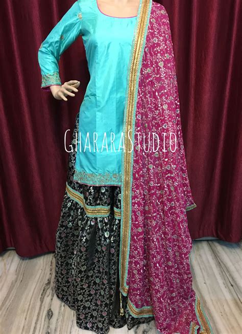 Gharara In Black With Pink Dupatta And Light Green Kurti Order Online