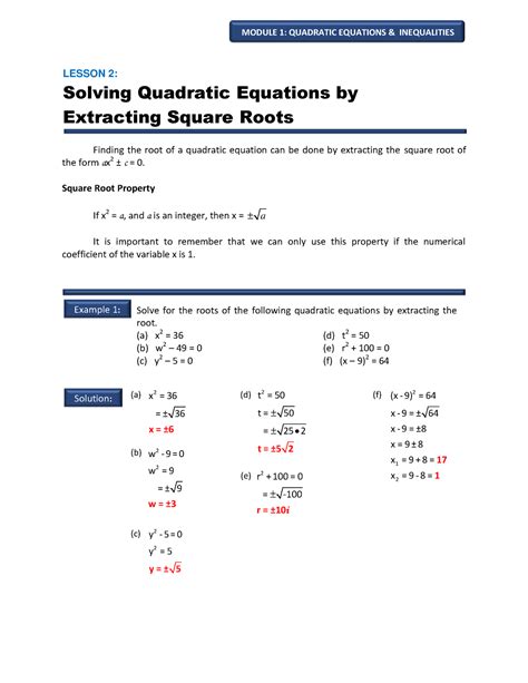 Lesson 2 Solving Quadratic Equations By Extracting The Square Roots X 2 36 X ± 36 X ± 2