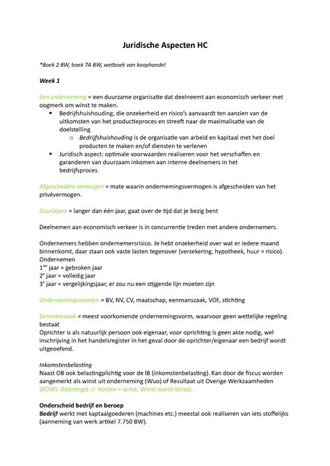 Juridische Aspecten Samenvatting Juridische Aspecten Hc Boek 2 Bw