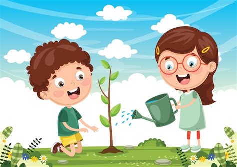 Ilustración de niños plantando Vector Premium