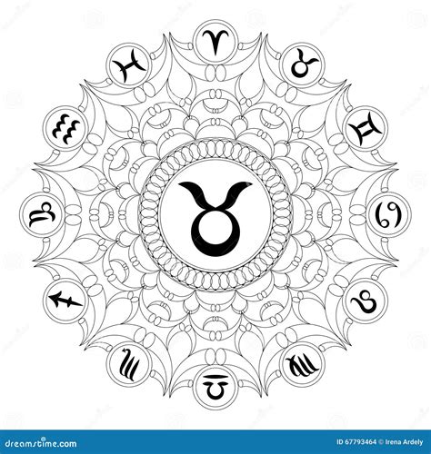 Mandala Rond Noir Et Blanc Avec Le Symbole De Zodiaque Du Taureau