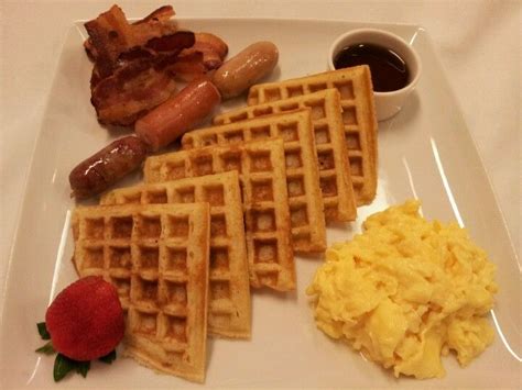 Breakfast Platter Waffles Mapple Syrup Scrambled Eggs Sausages And