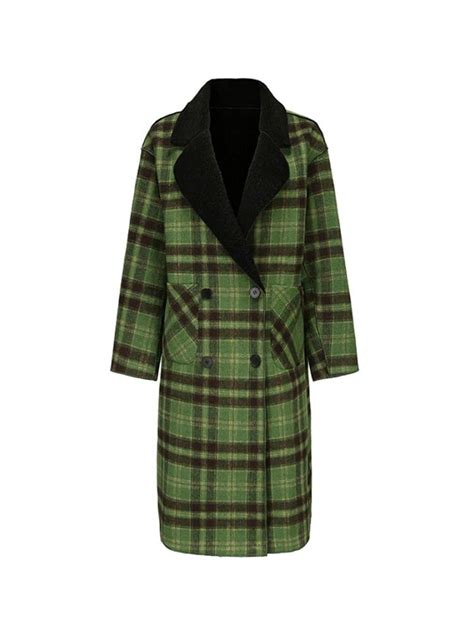 Hlsohjp Women S Front Back Can Be Worn Green Check Pattern Woolen Coat