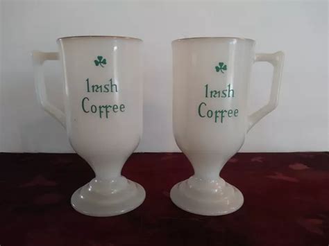 Vintage Federal Glass Milk Glass Irish Coffee Mugs Pedestal Shamrock