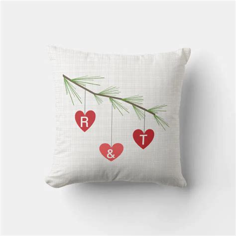 Pine Bough Red Hearts Monogram Valentine Pillow Zazzle