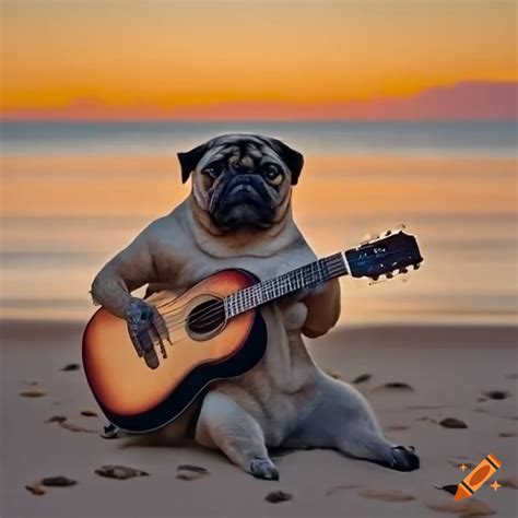 Pug Playing Guitar At The Beach During Golden Hour On Craiyon