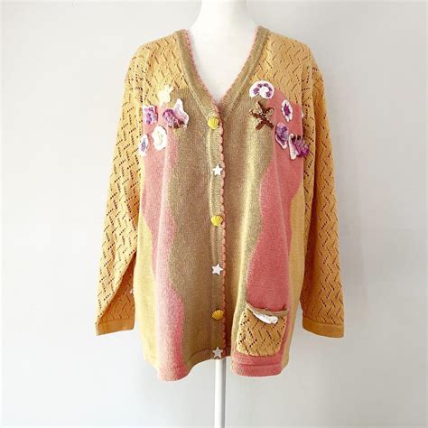 Vintage Storybook Knits Beach Appliqué Cardigan Depop