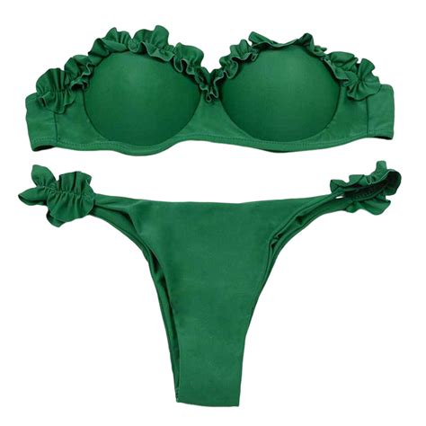 TNOBHG Two Piece Swimsuit Women S Bandeau Ruffle Trim Bikini Set With Mid Rise Briefs Push Up