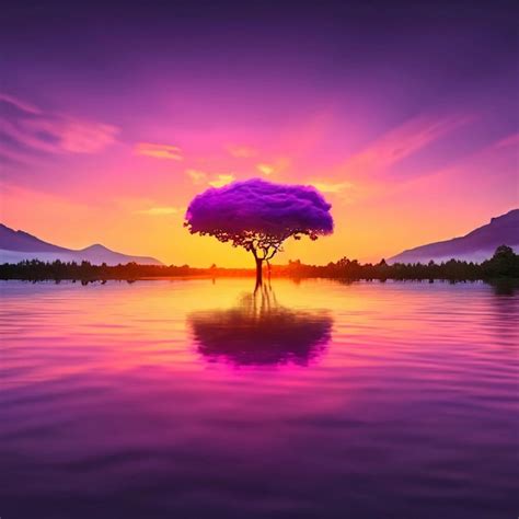 Premium AI Image | A purple sunset over a lake surrounded by trees