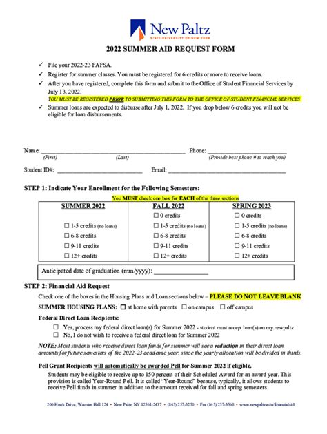 Fillable Online Summer Aid Request Form Suny New Paltz Fax Email