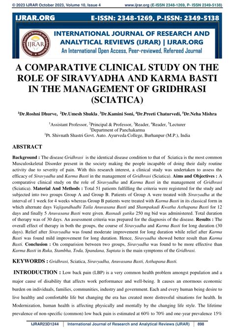 PDF A COMPARATIVE CLINICAL STUDY ON THE ROLE OF SIRAVYADHA AND KARMA