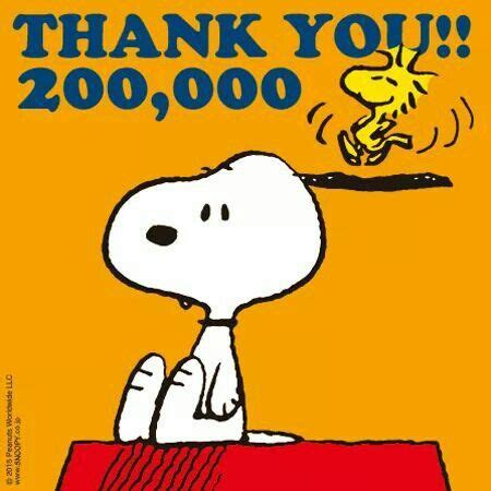 a poster with a snoopy dog on it saying thank you, 200, 000