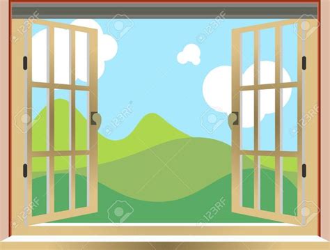 An Open Window With Mountains And Clouds In The Background Stock Photo