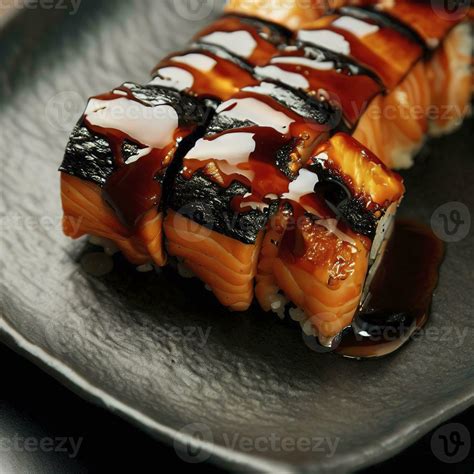 Salmon Burned Maki With Teriyaki Sauce AI Generative 28808526 Stock