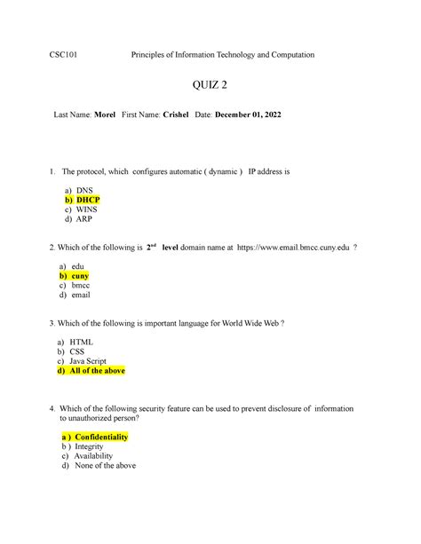 Quiz Csc Second Quiz Csc Principles Of Information