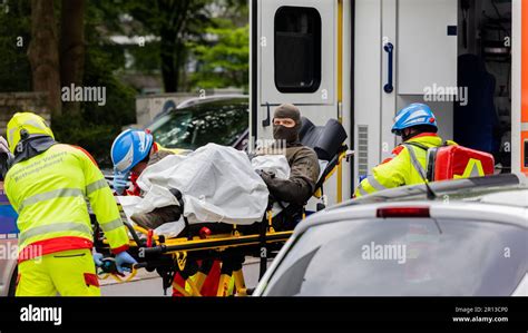 Ratingen Germany 11th May 2023 An Injured Police Officer Is Taken