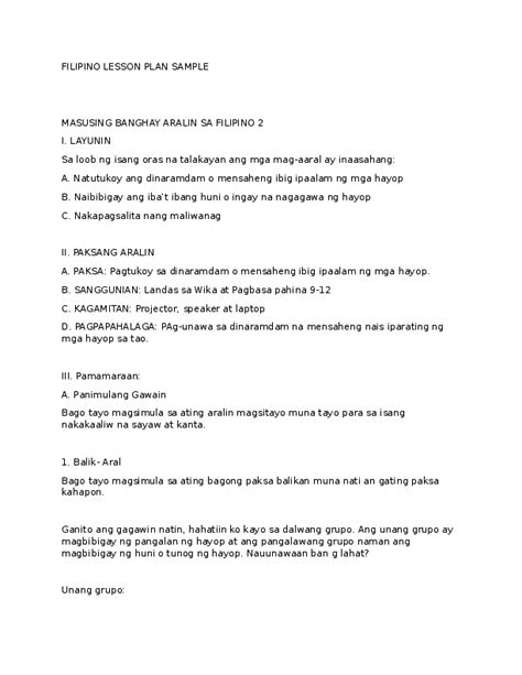 Doc Filipino Lesson Plan Sample Masusing Banghay Aralin Sa Filipino 2