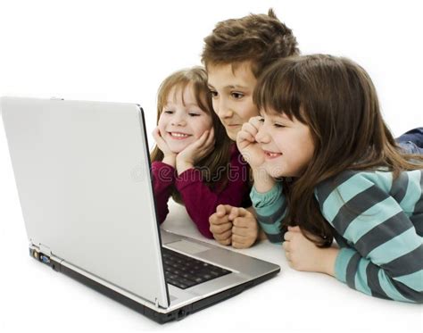 Happy Kids With Laptop Computer Stock Image Image Of Hand Bright