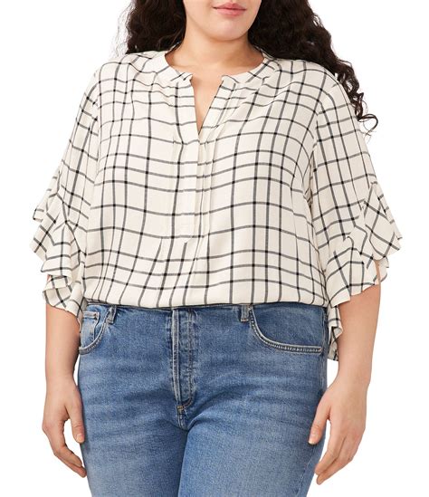 Vince Camuto Plus Size Plaid Print V Neck 3 4 Ruffled Sleeve Henley Blouse Dillard S