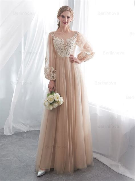 A Linie Bateau Lange Rmel Champagner Ballkleid Mit Spitze Brautkleid