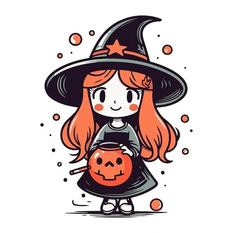 Linda Ni A Bruja Con Calabaza Y Sombrero Ilustraci N Vectorial Vector