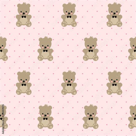 Teddy Bear seamless pattern on pink polka dots background. Cute vector ...