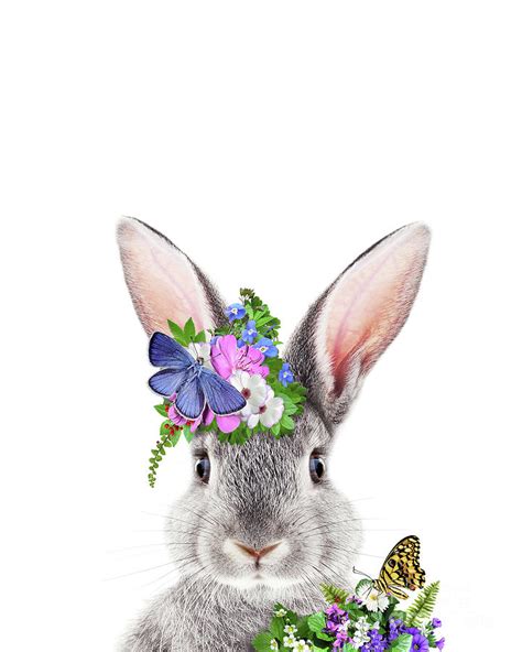 Grey Bunny With Flower Crown Baby Animals Art Print By Synplus