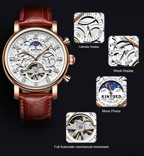 Kinyued Skeleton Automatic Watch Men Sun Moon Phase Tourbillon