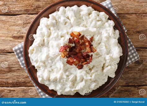 Slovak Halusky Grated Potato Dumplings With Cheese And Bacon Closeup In