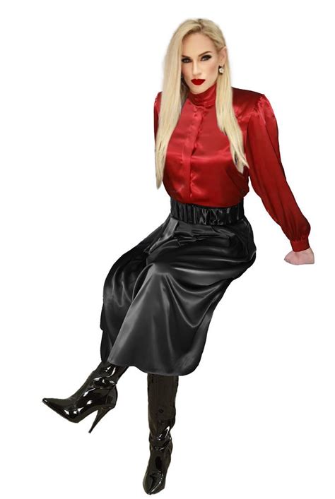 Red Satin Blouse Leather Outfit Leather Skirt Red Satin Silk Satin