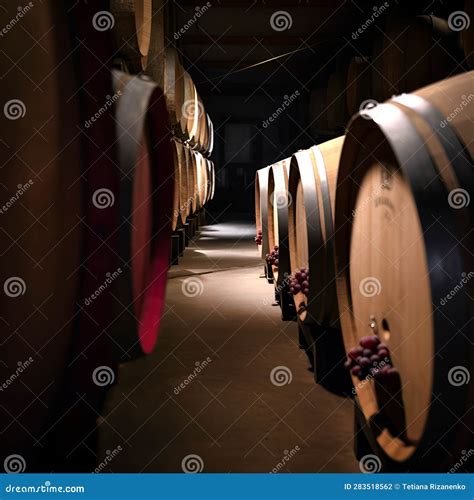 Wooden Oak Barrels Stacked In Straight Rows In Order In Cellar Of