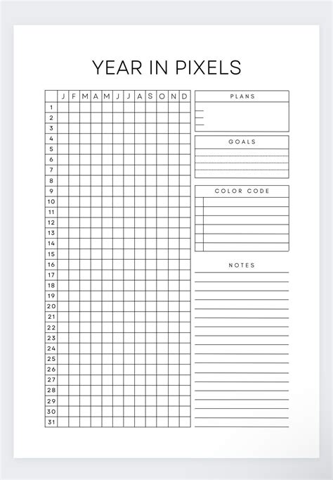 The Printable Year In Pixels Is Shown On Top Of A White Sheet With