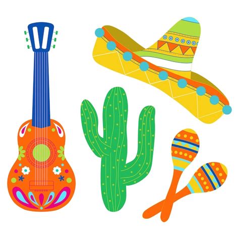 Conjunto de ilustração vetorial guitarra sombrero maracas cacto objeto