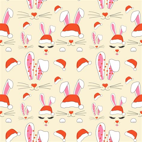 Seamless Pattern With Faces Of A Cute Christmas Rabbits With A Garland