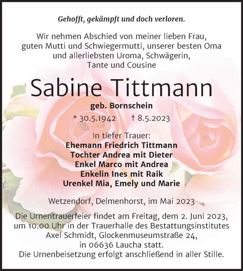 Traueranzeigen Von Sabine Tittmann Abschied Nehmen De